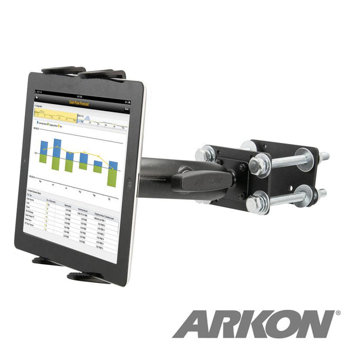 The 7 inch Robust Forklift Front Guard Slim-Grip® Tablet Mount features an adjustable metal arm with surface clamps. A tablet on the mount displays a financial chart, with the ARKON logo visible in the bottom right corner.