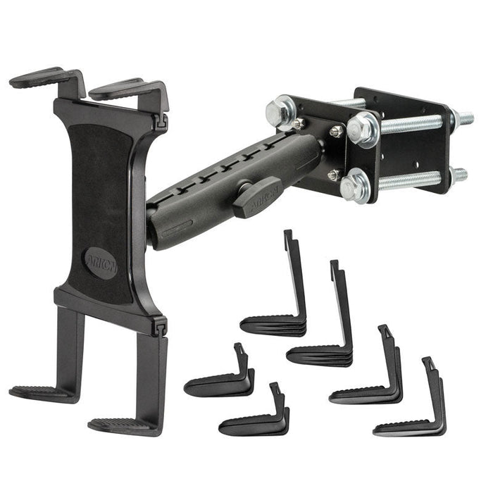 The 7.25 inch Metal Robust Forklift Front Guard Slim-Grip® Tablet Mount features a rugged black metal design with six interchangeable clamps, bolts, and a swiveling arm—perfect for mounting tablets to walls or poles in warehouse settings.