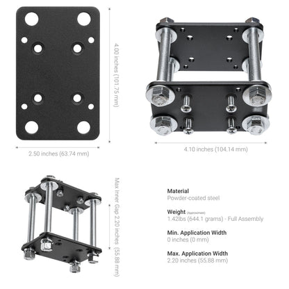 The 7.25 inch Metal Robust Forklift Front Guard Slim-Grip® Tablet Mount is a black powder-coated steel bracket with bolts and nuts, shown from various angles with labeled specs—ideal for rugged, industrial tablet mounting on forklifts.
