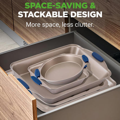8-Piece Nonstick Bakeware Set - Easy Release Carbon Steel, Blue Handles