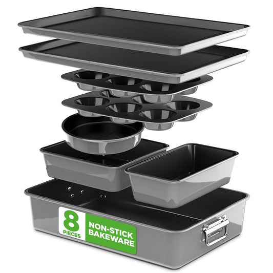 8-Piece Nonstick Bakeware Set - Space-Saving Carbon Steel, Gray