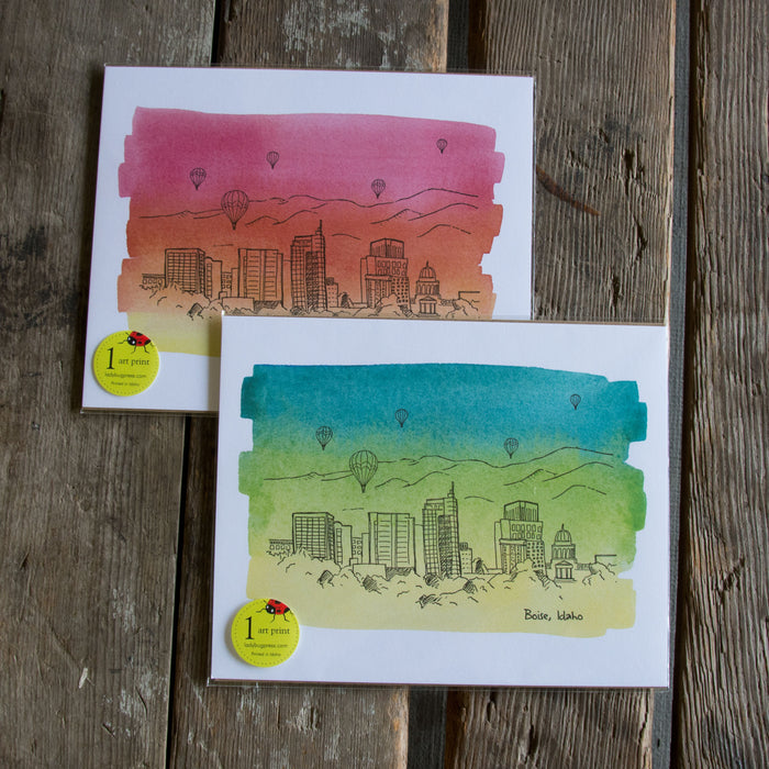 8x10 Boise Skyline Letterpress + Water Color Wash art print,  eco friendly