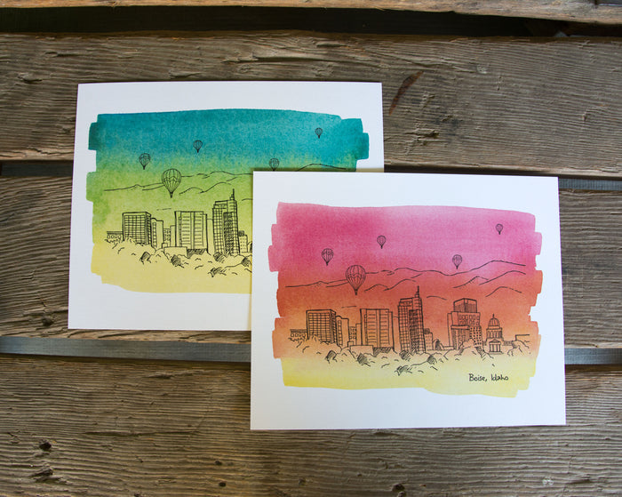 8x10 Boise Skyline Letterpress + Water Color Wash art print,  eco friendly