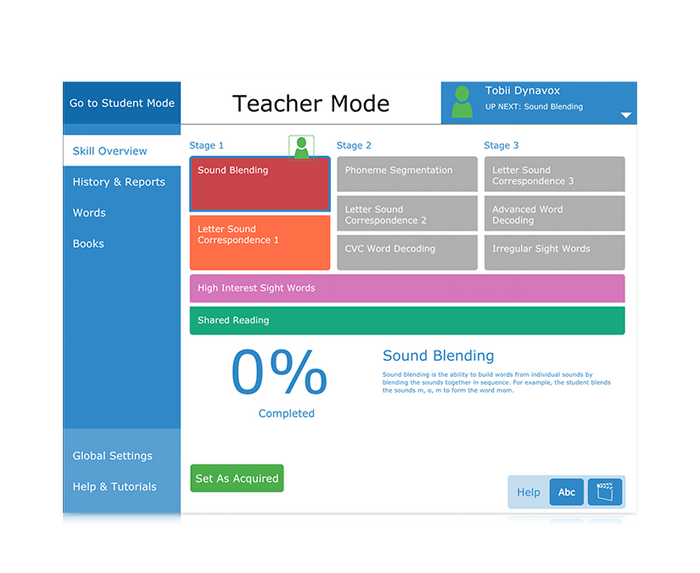 Tobii Dynavox Accessible Literacy Learning skills overview in teacher mode