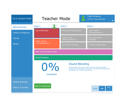 Tobii Dynavox Accessible Literacy Learning skills overview in teacher mode