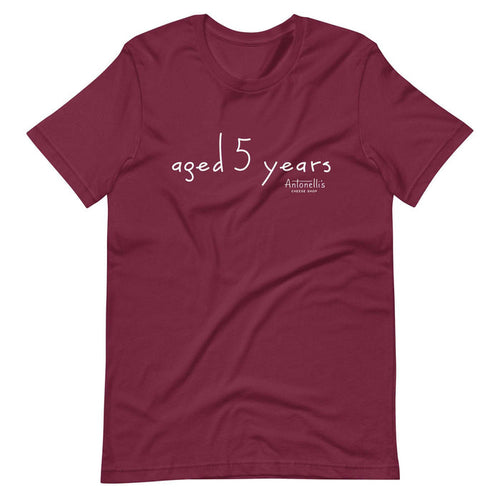 "Aged 5 Years" Unisex T-Shirt, red color, soft lightweight cotton, casual fit.