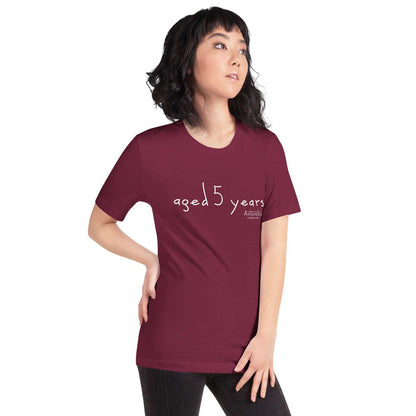 Aged 5 Years Unisex T-Shirt in maroon with printed text, comfortable and lightweight.