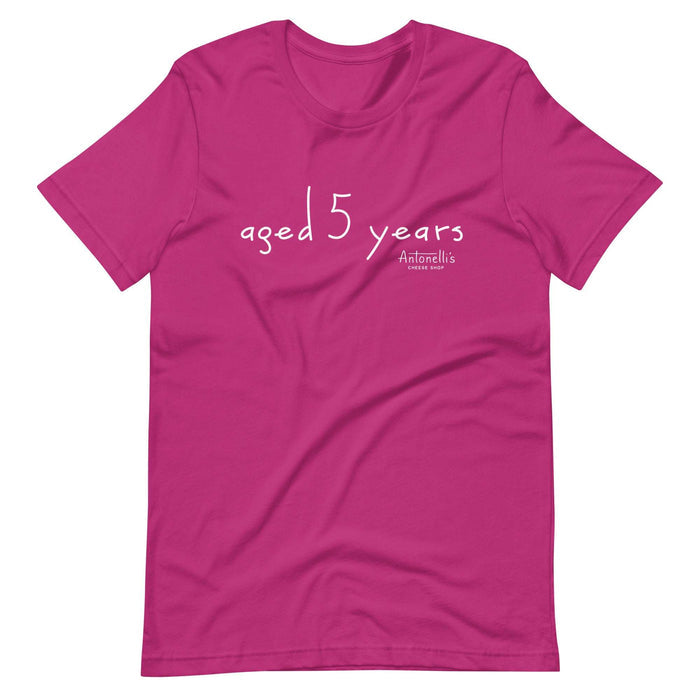 Aged 5 Years unisex t-shirt in pink with white text, soft and lightweight fabric.