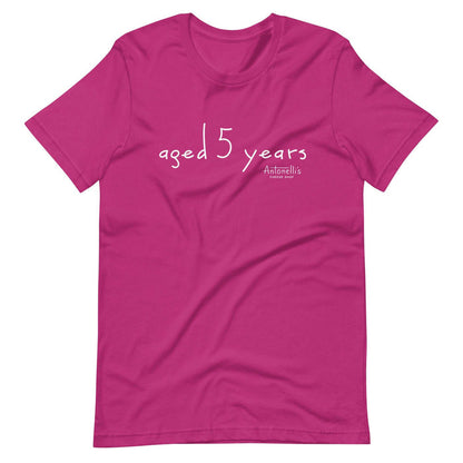 Aged 5 Years unisex t-shirt in pink with white text, soft and lightweight fabric.