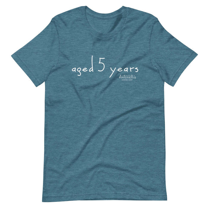 Aged 5 Years Unisex T-Shirt in blue with white text; comfortable, soft, pre-shrunk fabric, ideal for all genders.