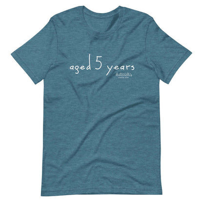 Aged 5 Years Unisex T-Shirt in blue with white text; comfortable, soft, pre-shrunk fabric, ideal for all genders.