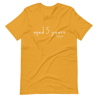 "Aged 5 Years" Unisex T-Shirt in mustard color with white text, soft and lightweight cotton blend.