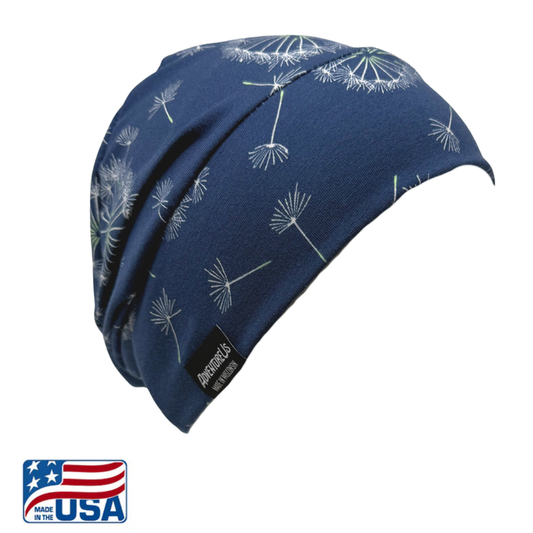 AdventureUs slouchy knit hat in navy dandelion print, USA made