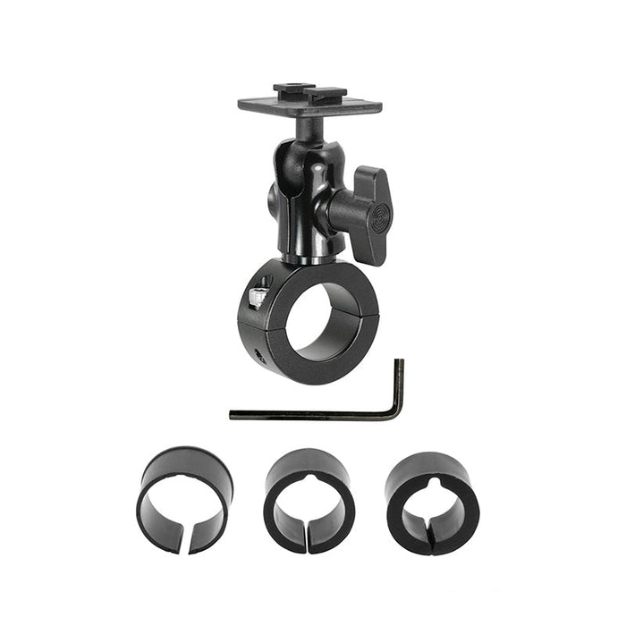 The Aluminum Motorcycle Handlebar Mount - Dual-T Compatible is a black adjustable mount with a square top plate, Allen key, and three circular insert adapters for attaching dual-T holders to tubular handlebars.