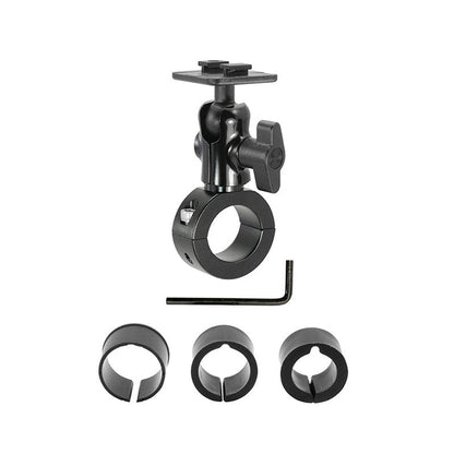 The Aluminum Motorcycle Handlebar Mount - Dual-T Compatible is a black adjustable mount with a square top plate, Allen key, and three circular insert adapters for attaching dual-T holders to tubular handlebars.