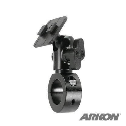 The Aluminum Motorcycle Handlebar Mount - Dual-T Compatible is a black, adjustable bracket and clamp for attaching devices or phone holders to bike handlebars. The Arkon logo appears in the bottom right corner.
