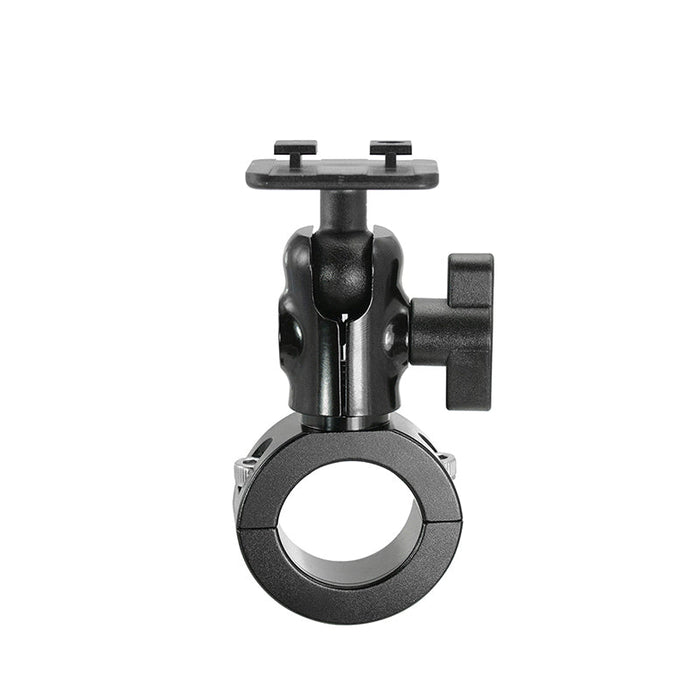 The Aluminum Motorcycle Handlebar Mount - Dual-T Compatible is a black, adjustable bracket with a circular clamp base and rectangular top, designed for securely mounting devices like phone or dual-T holders to your motorcycle handlebars.