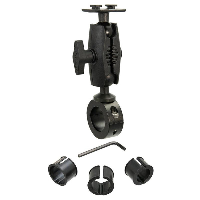 An Aluminum Motorcycle Handlebar Mount with a dual-T compatible head, adjustable clamp, insert sleeves, and Allen wrench—ideal as a universal smartphone holder—shown on a white background.
