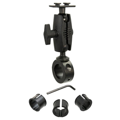 An Aluminum Motorcycle Handlebar Mount with a dual-T compatible head, adjustable clamp, insert sleeves, and Allen wrench—ideal as a universal smartphone holder—shown on a white background.