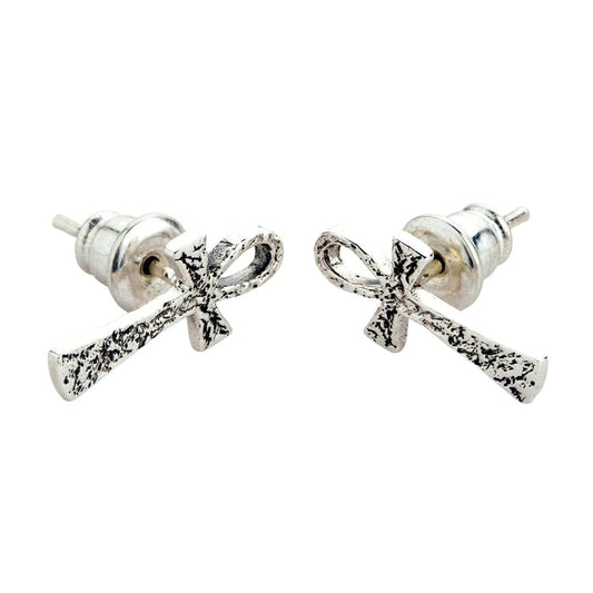 Pair of textured ankh sterling silver stud earrings with dark oxidized patina and standard silver backings.