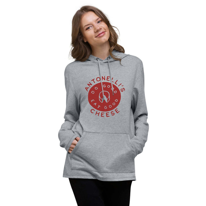 Unisex lightweight gray hoodie with Antonelli's logo design.