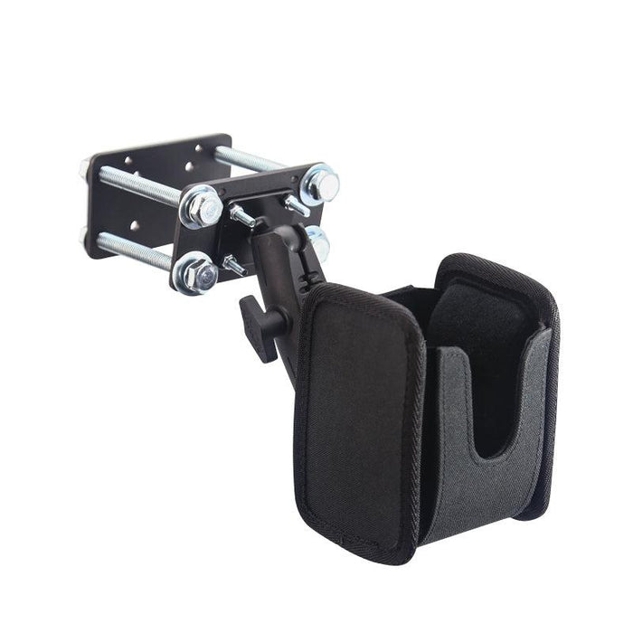Barcode Scanner Universal Forklift Front Guard Mount with adjustable padded holder and metal clamp, designed to attach securely to flat surfaces like desks, tables, mobility devices, or forklift frames in warehouse fulfillment environments.