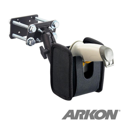 The Barcode Scanner Universal Forklift Front Guard Mount features a black adjustable holder on a metal bracket, ideal for warehouse fulfillment. The padded, front-open holder displays the Arkon logo in the bottom right corner.