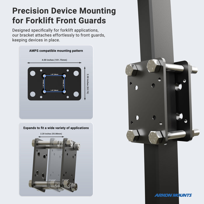 The Barcode Scanner Universal Forklift Front Guard Mount is shown from two angles, displaying its AMPS-compatible hole pattern and adjustable fit for different devices. Perfect as a barcode scanner holder in warehouses. Arkon Mounts logo appears in the corner.