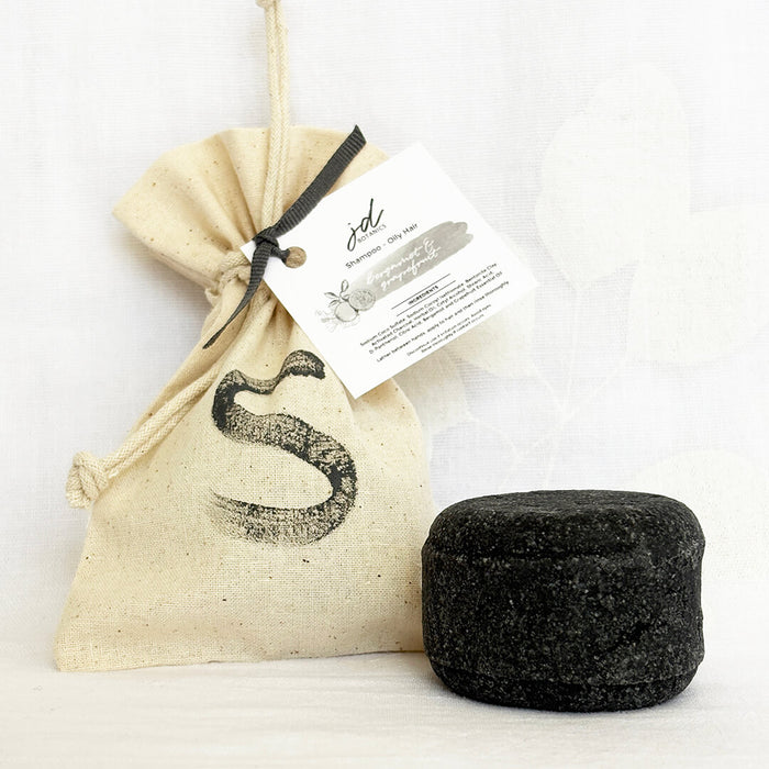 Plastic-free zero waste solid shampoo bar by JDBotanics for oily hair with  bergamot and grapefruit