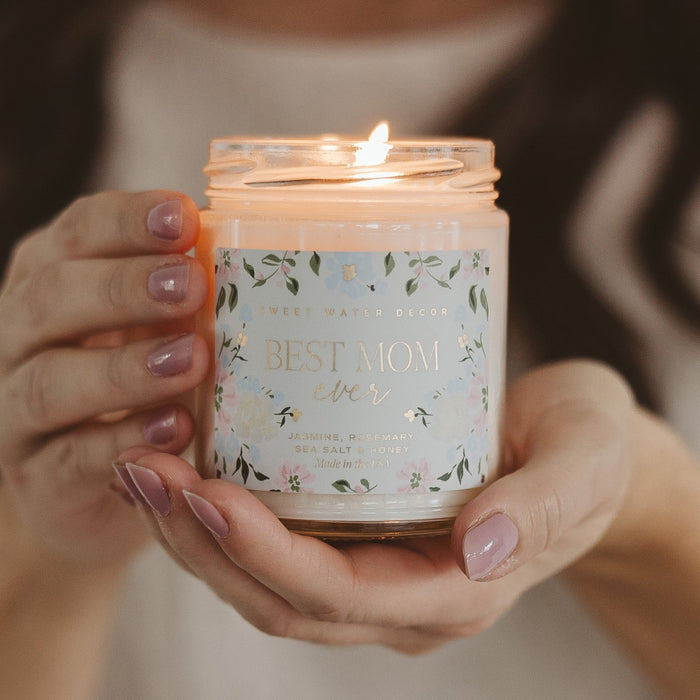 Best Mom Ever Soy Patterned Candle - Clear Jar - 9 oz (Wildflowers and Salt) - Sweet Water Decor - Candles