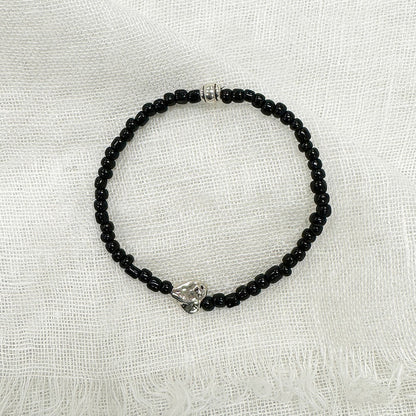 Black Glass Bracelet with Silver Heart | Handmade Jewelry
