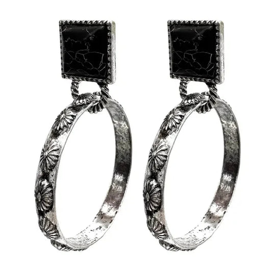 Black Turquoise Stone Hoop Earrings