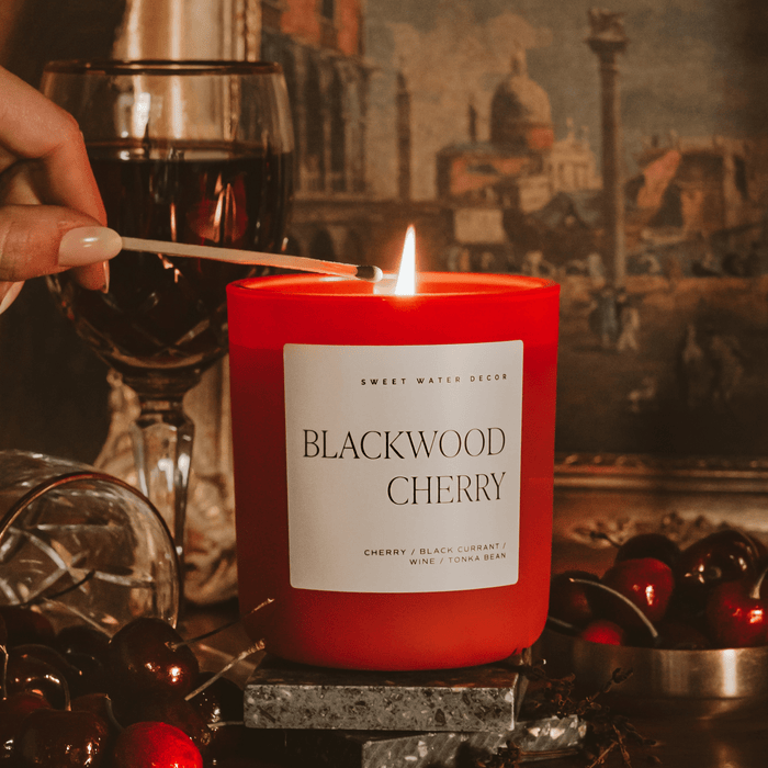 Blackwood Cherry Soy Candle - Red Matte Jar - 15 oz - Sweet Water Decor - Candles