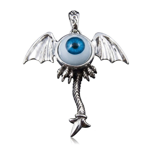 Sterling silver bat-wing pendant with a vivid blue eye centered between spread wings and a skeletal arrowhead tail