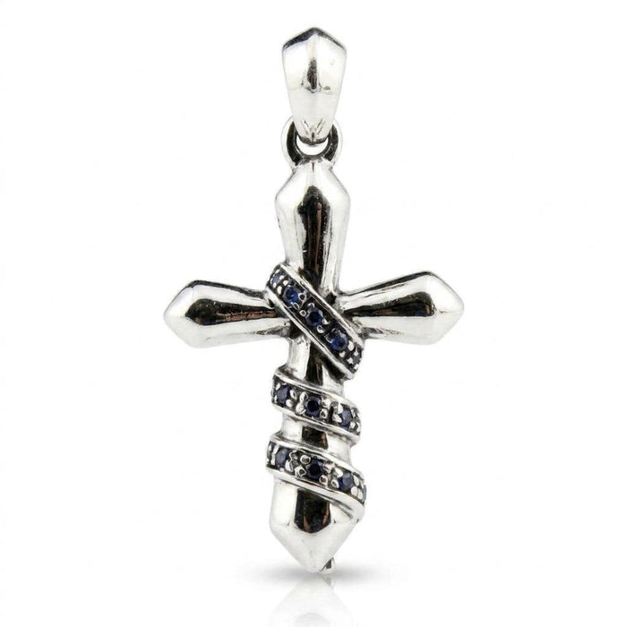 Front view of a .925 sterling silver cross wrapped with sculpted chains featuring inset blue cubic zirconia stones