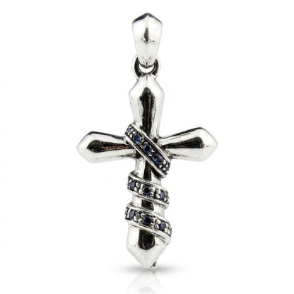 Front view of a .925 sterling silver cross wrapped with sculpted chains featuring inset blue cubic zirconia stones