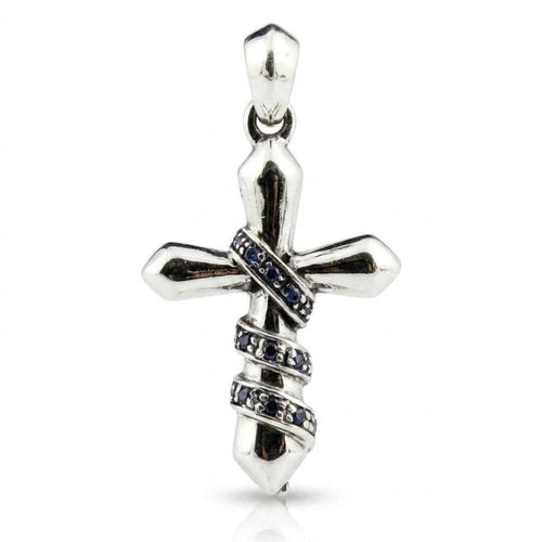 Front view of a .925 sterling silver cross wrapped with sculpted chains featuring inset blue cubic zirconia stones