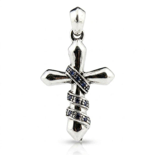 Front view of a .925 sterling silver cross wrapped with sculpted chains featuring inset blue cubic zirconia stones
