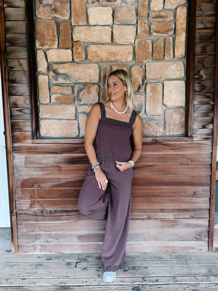 Boho Dream Embroidered Rayon Linen Two-Piece Set, Mocha