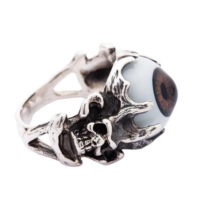 A macabre gothic jewelry ring with a realistic brown eyeball set in polished 925 sterling silver.