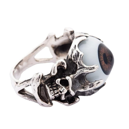 A macabre gothic jewelry ring with a realistic brown eyeball set in polished 925 sterling silver.