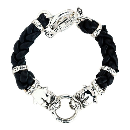 Men's bulldog leather bracelet with sterling silver heads and a T-bar clasp on a white background.