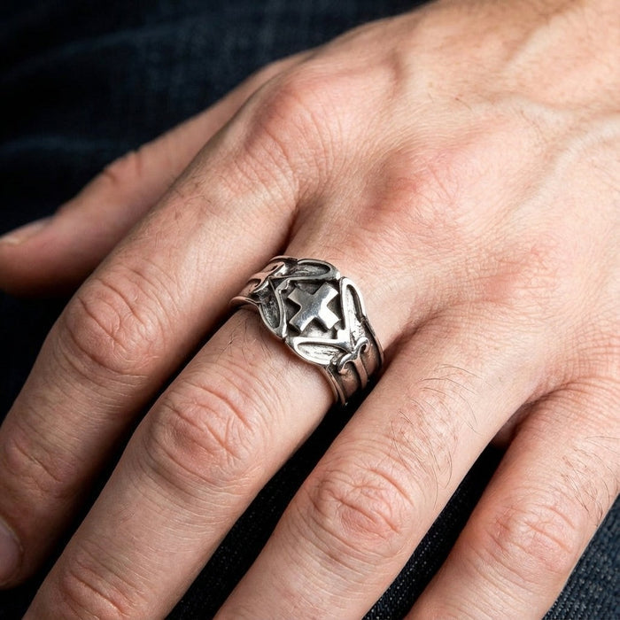 Sterling silver Celtic ring styled on finger lifestyle view