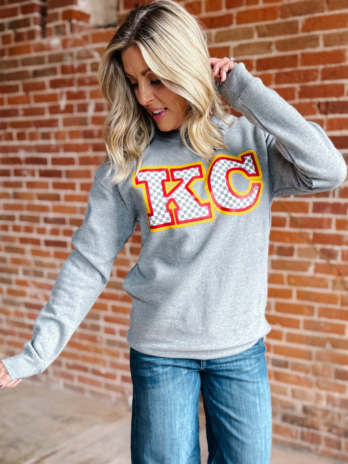 Checkered KC Graphic Sweatshirt, Heather Grey