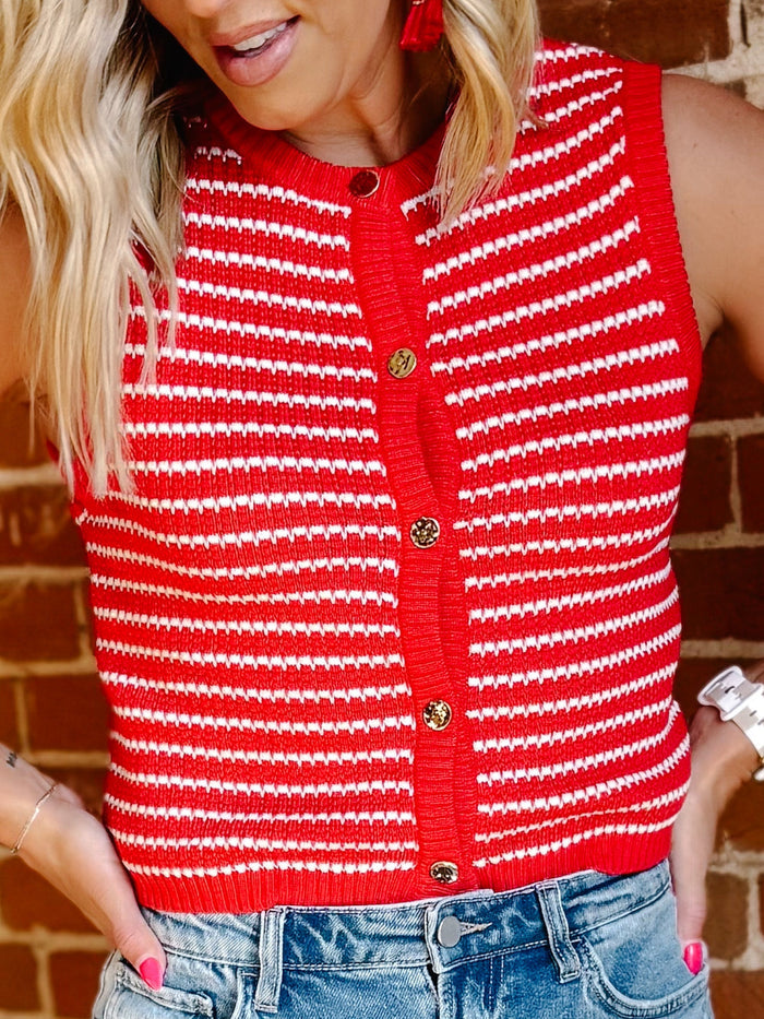 Cherry Harbor Stripe Knit Vest, Red and White