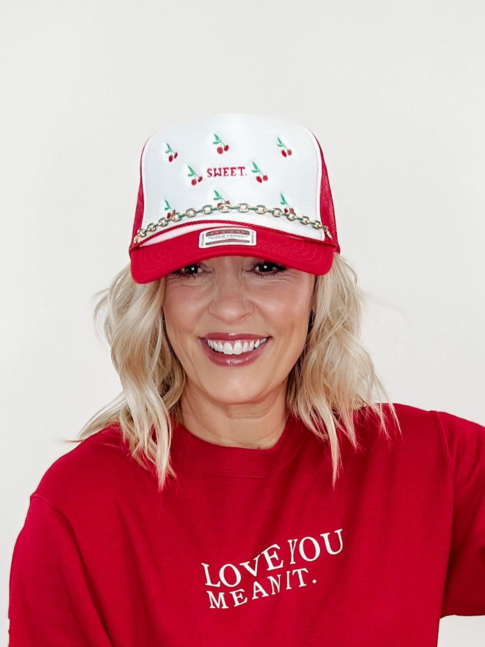 Cherry Sweet Embroidered Trucker Hat, Red