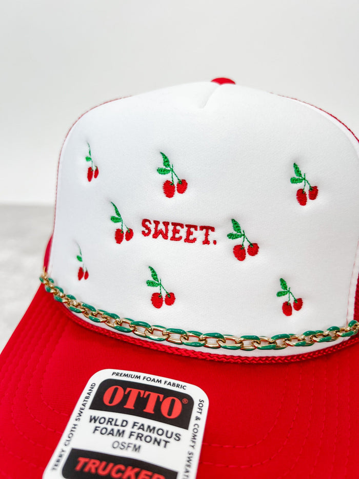 Cherry Sweet Embroidered Trucker Hat, Red