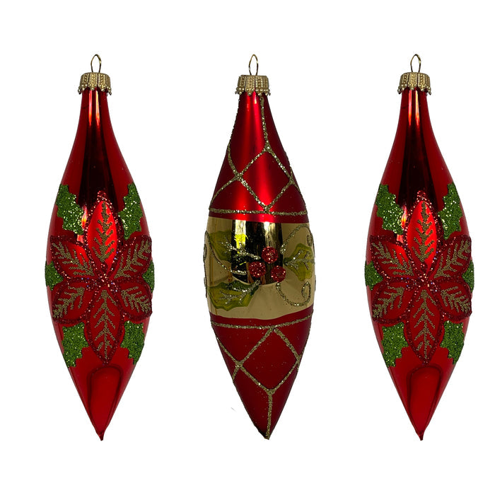 5.6" (15cm) Poinsettia & Berries Glass Finial Set, 3/Box, 8/Case, 24 Pieces