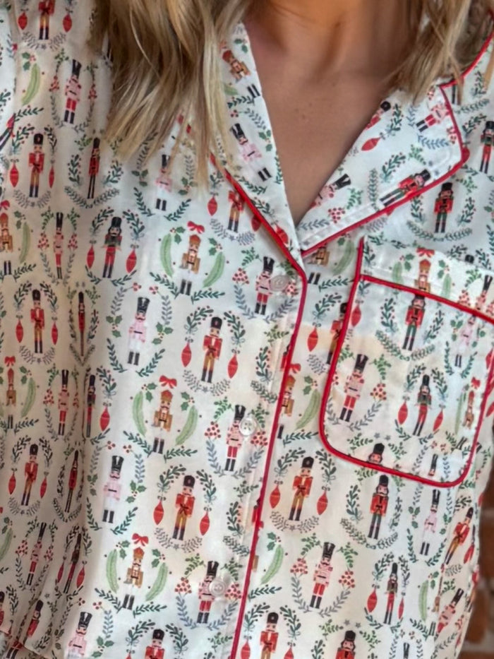 Christmas Toy Soldier Satin Pajamas with Tie Cuff Detail, IvoryRedGreen