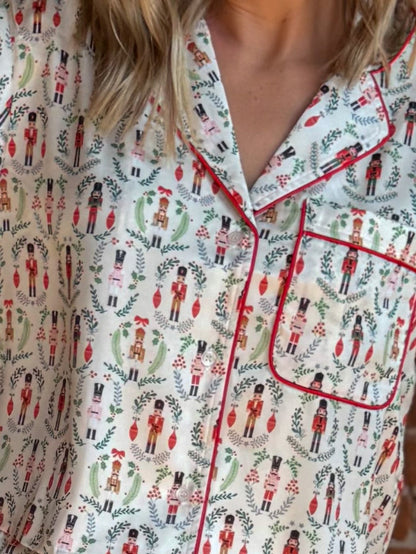 Christmas Toy Soldier Satin Pajamas with Tie Cuff Detail, IvoryRedGreen